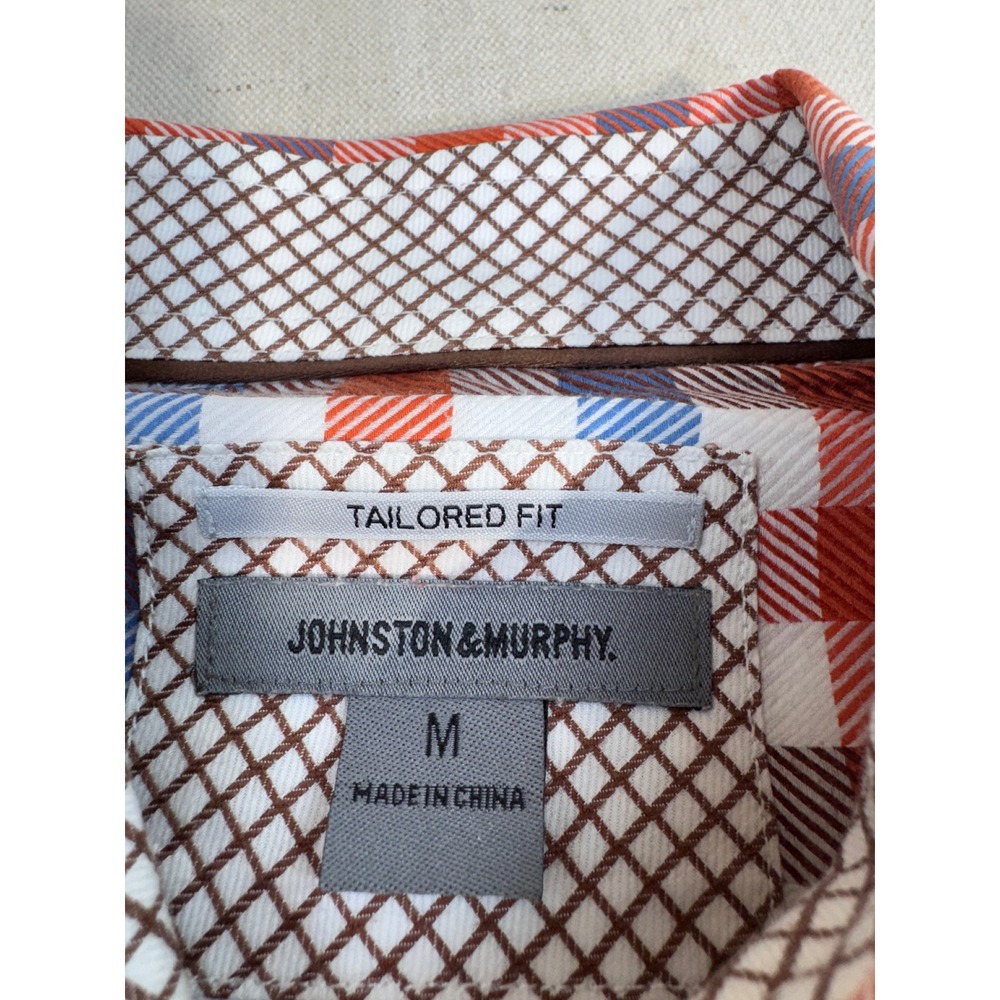 Johnston & Murphy Tailored‎ Fit Gingham Button Down Shirt Orange Blue Men's Med